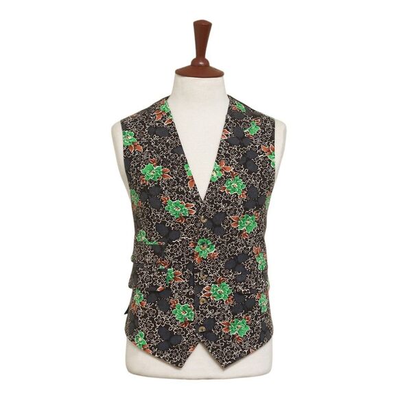 Mens Vest 44R Floral Brown Green Wool Lapel Waistcoat Formal Wedding Groom Party - Picture 1 of 9